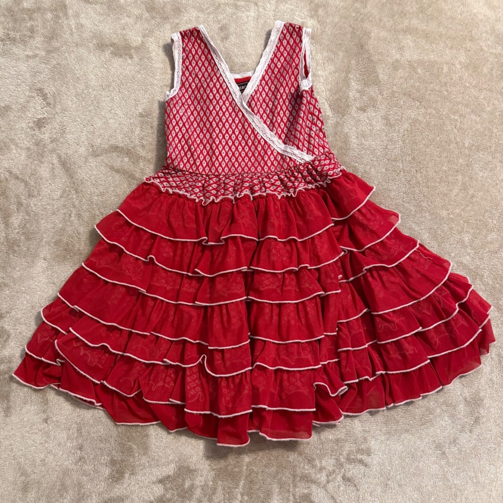 Mustard Pie Girls Red Diamond Print Tiered Ruffle Lace Trim Dress Size 4